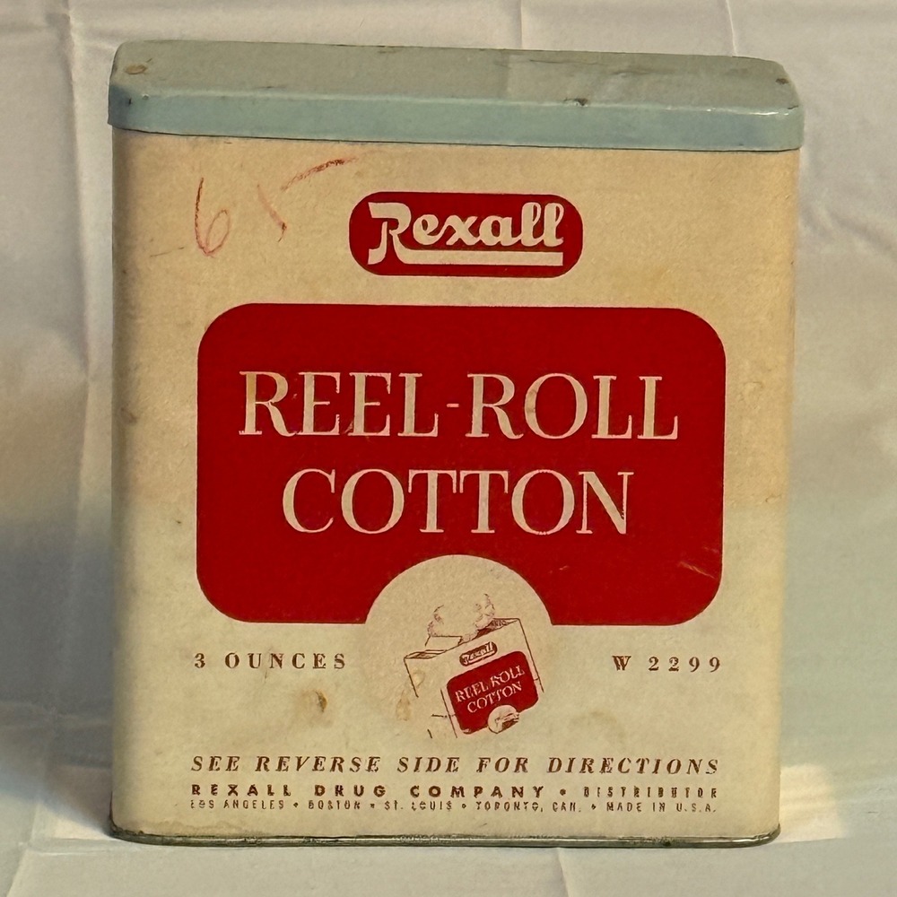 Vintage Rexall Reel Roll Cotton‎ Tin Dispenser Red White Light Blue Retro